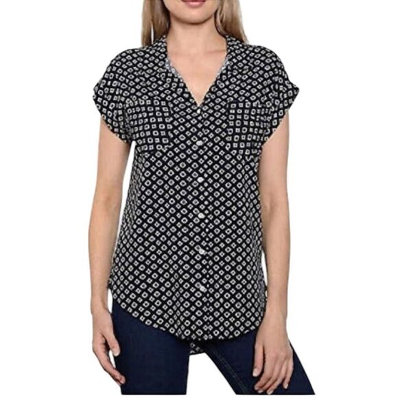 Jachs Girlfriend Button-Up Blouse Small Blue Diamond Print Short‎ Sleeve Casual - Picture 1 of 9